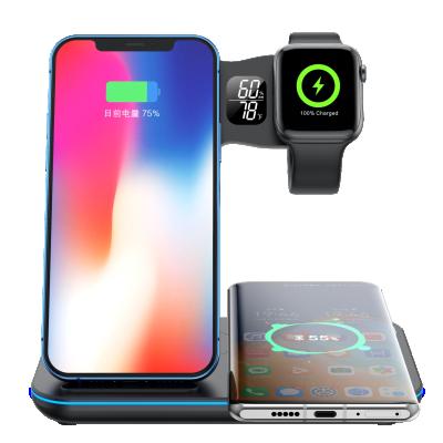 China Universal Portable Ambient Humidity and Temperature LED Display 15W Fast Radio Charging QI 10W Wireless Charger for iPhone 3in1 Fast Wireless Charger Stand for sale