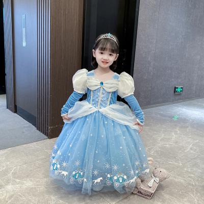 China Blue Princess Costume Ball Gown Movie Birthday Dress Cinderella Dress Children Puff Sleeve Halloween Little Girls Polyester for sale