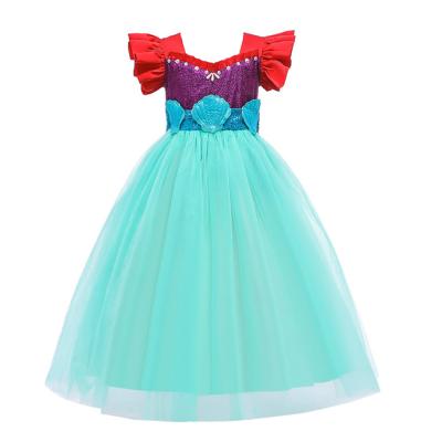 China 2021 Summer Polyester Mermaid Dress For Girl Lace Tulle Shorts Flight Sheaths Princess Ariel Back Bow Sequin Fancy Outfits Kids Costumes for sale