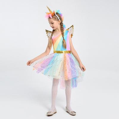 China Hot Sale Rainbow 3 Pcs Costume Halloween Unicorn Girls Dress Cosplay Stage Skirts Polyester Costumes With Wing Hairband for sale