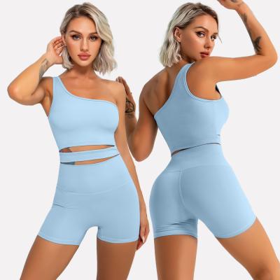 China Custom Four Way Stretch Biker Shorts Activewear Clothes Eco Friendly Recycled One Shoulder Sports Bra Yoga Set for sale