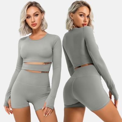 China Breathable Sportswear Custom Biker Shorts Sets Crop Top Long Sleeve Activewear Nylon Fabric Recycled Yoga Set for sale