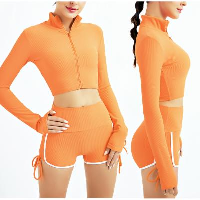 China Breathable Sportswear Custom Zipper Sports Drawstring Gym Top Side Shorts Sets Fitness Long Sleeve Yoga Short Set for sale