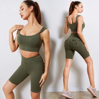 China Breathable Manufacturer Women's Gym Women's Private Label Nylon Spandex Sport Short Pants And Bra Wear 2021 Summer Yoga Sets With Pockets for sale