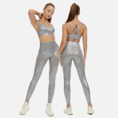 China Fitness Breathable Liquid Sets Sports Silver Back Bra High Waist Yoga Yoga Gym Workout Legging Set for sale