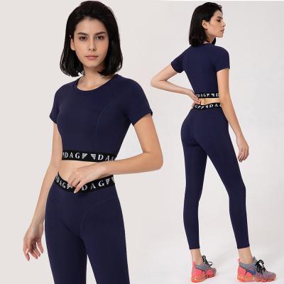 China Breathable Custom Active Short Sleeve Crop Top Yoga Workout Set Women Fitness Clothing OEM Gym Wear Gaiters Yoga Workout Set for sale