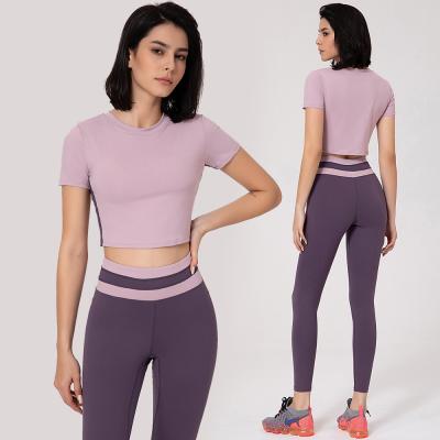 China Breathable Custom 2 Piece Women's High Waist Sports Wear Gym Tights Sets Short Sleeve Crop Yoga Activewear Top Set for sale