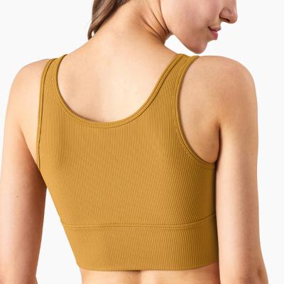 China Custom Women's Logo Striped Sports Bra High Waisted Breathable Lightweight Support V-Neck Gym Yoga Crop Top Long for sale