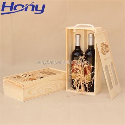 China Recycled Materials Pine Wood Custom Double Wine Gift Box With Acrylic Display Window For Glass Shipping Bottles for sale