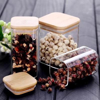 China Sustainable Glass Storage Jars Set 300ML/10.5OZ Spice Jars With Bamboo Lids And Labels Small Food Cereal Storage Containers for sale