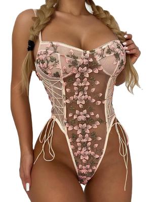 China 2023 high quality sexy lingerie flower lace embroidery suspender sexy lingerie perspective temptation jumpsuit Valentine's Day fun for sale