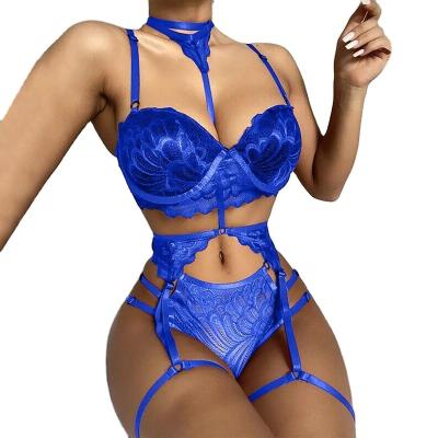 China 2023 high quality new fashionable summer lace sexy underwear bra briefs garters lift up three-piece bra and panties embroidery garter for sale