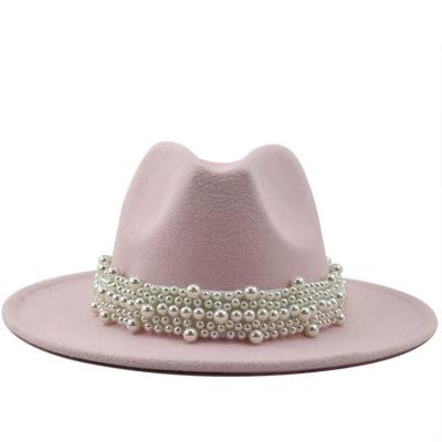 China New Fashion Lady Winter Autumn Wide Brim Hat Women's Wool Fedora Felt Hat With Pearl for sale