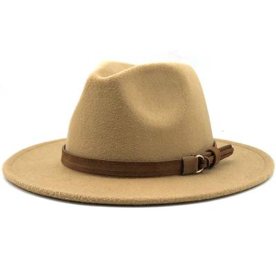 China Elegant Lady Winter Autumn Wide Brim Fedora Gentleman Fedora Hat With Leather Ribbon Wool Men Women Character Hat for sale