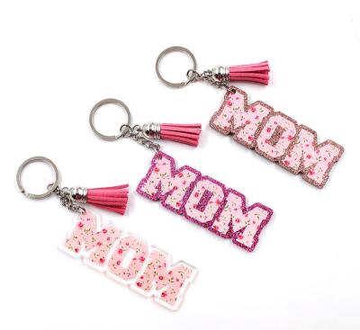 China Custom Acrylic Mum Main Tassel Glitter Battery Gifts Mother's Day Name Key Chain Mum Chain for sale