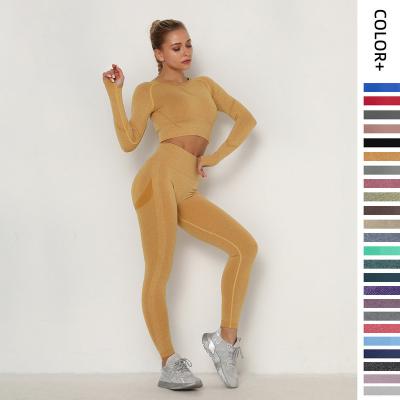 China Breathable Yoga Set For Women Seamless Workout Gym Wear Fitness Sports Clothes Suits High Waist Leggings Long Sleeve Crop Tops for sale