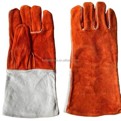 China Straight Thumb Cuffs Anti-smash In Gray Orange Cow Split Leather Abrasion-Resistant Heat Insulating Welding Gloves For Welder Safety for sale