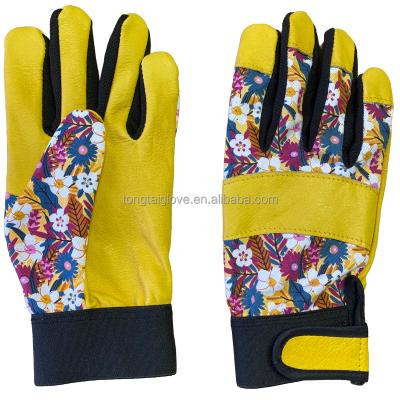 China 2022 New Design Antistatic Cloth Work Gloves Safety Antistatic Jiangsu Printed Sheepskin Yellow Leather And Sheepskin Gardening Gloves for sale