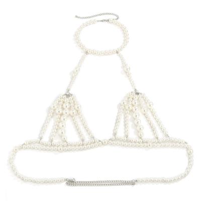 China TRENDY Sexy Pearl Harness Chest Bra Chain Bikini For Women Multi Layered Pearl Waist Belly Chain Body Jewelry for sale