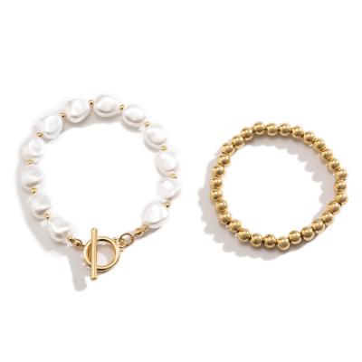 China 2Pcs/Set Plastic Pearl Wrist Bracelets Beaded Chain Bracelets FASHION Lasso Toggle Bracelets Chain For Women Jewelry for sale