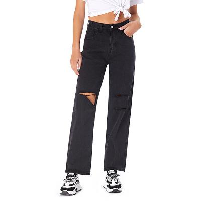 China 2022 Women Breathable Jeans High Waist Black Straight Leg Pants Slim Wide Leg Loose Ripped Pants for sale