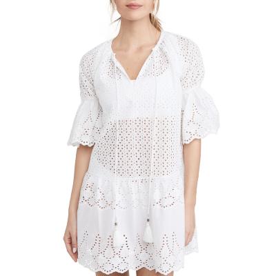 China Guangzhou Design Factory Anti-static Women's Clothing Mini Wholesale Cotton Lace Raglan Solid Color High End Sleeves Supply Eyelets White Dress for sale