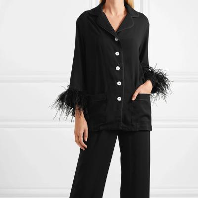 China 2021 Autumn High Hot Selling Design Ins Design Black Tie Feather Solid Color QUICK DRY Sleepwear Set for sale