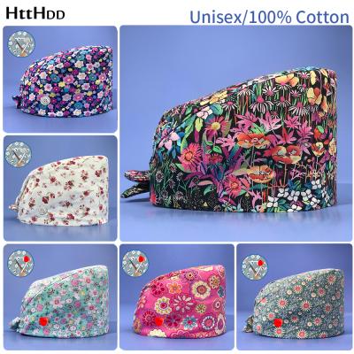 China Fashion High Quality Cotton Adjustable Floral Prining Hats Scrub Hat Beauty Salon Hat Lab Nursing Pet Shop Sweat Absorbent Scrub Hats for sale