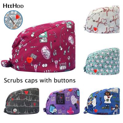 China High Quality Doctor Operating Room Pattern Printing With Button Head Cap Nursing Lab Scrub Pet Shop Surgical Cap Unisex Dentist Scrub Hat for sale