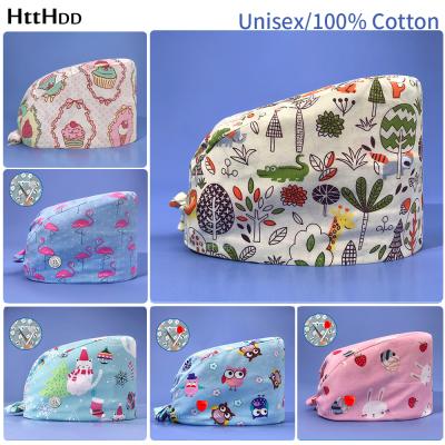 China Adjustable high quality unisex cotton scrubs working hats beauty salon pet hat tieback hats grooming hat elegant print elastic hat for sale