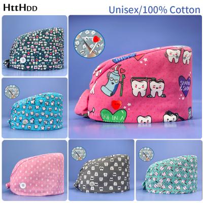 China High Quality Unisex Cartoon Pattern Print Adjustable Frosted Cap Doctor Tooth Beautician Nursing Cap Surgical Lab With Button Nurse Hat Women for sale