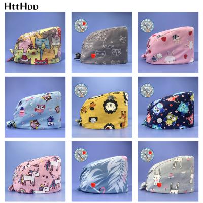 China New Adjustable Various Color Cartoon Printing High Quality Hats Scrub Hat Beauty Salon Cap Nursing Lab Wholesale Fashion Scrub Hats for sale