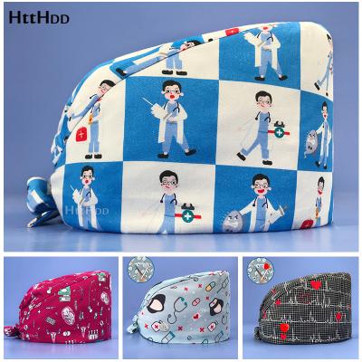 China High Quality Doctor Operating Room Pattern Printing With Buttons Nursing Head Cap Lab Scrub Pet Shop Surgical Cap Unisex Dentist Scrub Cap for sale