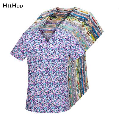 China HTTHDD High Quality Flower Print Nursing Scrub Tops T-Shirt Casual Short Sleeve Women Nursing Uniforms Nursing V Neck Pocket Women Clothes New for sale