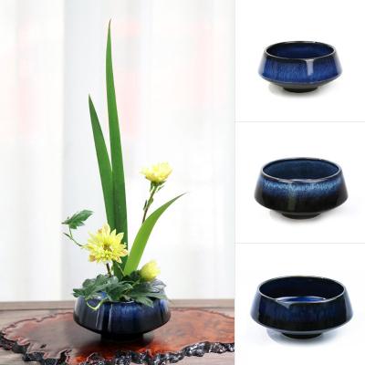 China Ceramic blue glazed original flower arrangement flow flower in Chinese style flower pot ware small Chinese kenzan style ware for sale