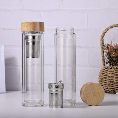 China 500Ml Sustainable Double Wall Bamboo Insulated Double Wall Glass Water Bottle With Custom Logo for sale