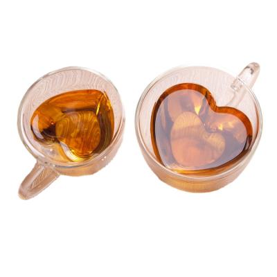 China Durable 180ml 240ml Customized Coffee Mug Double Layer Heart Shaped Wine Glass Tumbler With Handle for sale