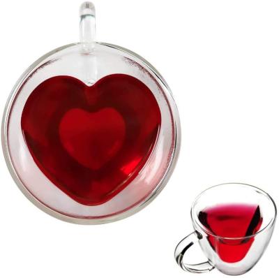 China Milk Insulated Clear Double Wall Heart Shaped Glass Coffee Mugs For Coffee, Cappuccino, Latte, Milk for sale