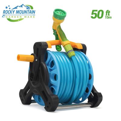 China Flexible Garden Portable Hose Reel 50FT Wall/Floor Mounted Water Hose Reel 9 Pattern Hose Nozzle for Outside Gardening Car Cleaning Water for sale