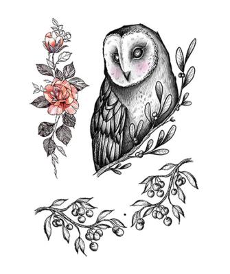 China Sexy Owl Stickers Animals Arm Fake Tattoos Rose Peony Flowers Temporary Black Sketch Tattoo Custom Made Temporary Wholesale for sale