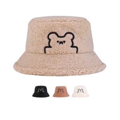 China Fashion Logo Embroidered Bear Embroidery Fleece Hat Adult Loose Casual Luxury Children Furry Customized Bucket Hat for sale