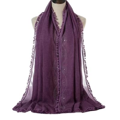 China Turkish Decoration Gift Fashion Women Accessories Shimmer Head 100% Polyester Voile Rhinestone Hijab Lace Shawl Scarf Wrap With Tassel for sale