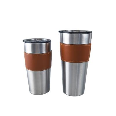 China Sustainable New Product 18/8 Insulated Stainless Steel Water Bottle Double Wall Coffee Tumbler Cups With Leather Thermal Jacket for sale