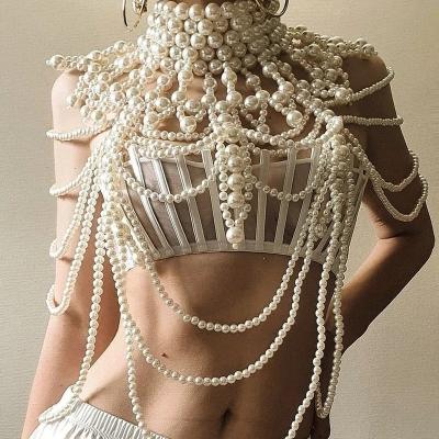 China Vintage Sexy White Pearl Turtle Neck Hollow Out Ladies Pool Party Party Body Chain Upper Sexy Jewelry for sale