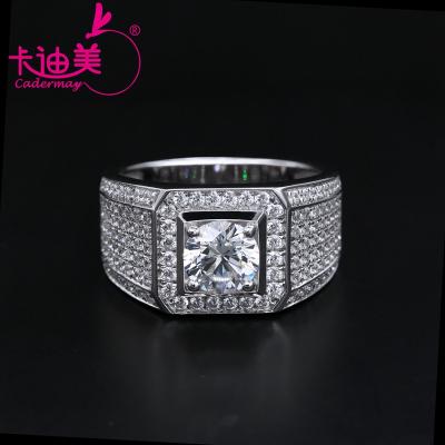 China Hiphop Cadermay Customized White Gold Plated Mens Style S925 Silver 1 Carat Moissanite Diamond Wedding Ring for sale