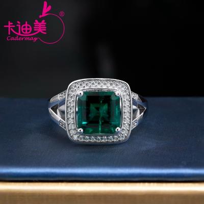 China Cadermay FASHION Jewelry Synthetic Emerald 8x8mm 925 Sterling Silver White Gold Plated With Melee Moissanite Engagement Wedding Ring for sale