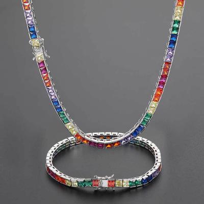 China Europe and America 4mm Colorful Rainbow 3A CZ Diamond Tennis Necklace Bracelet Set Jewelry Tennis Chain for sale