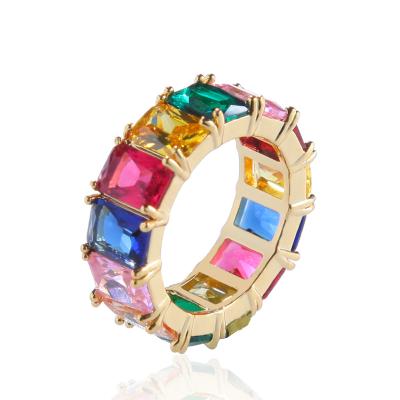 China Hiphop Hip Hop Men Color Square Copper Zircon Ring Rainbow Bling Jewelry for sale