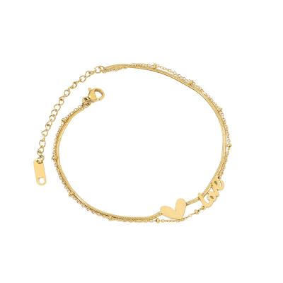 China Nickel Free Lead Free New Fashion Real Gold Plated Titanium Word Steel Korean Love Valentine's Day Gift Double Layer Heart Charm Titanium Steel Anklet Chain for sale