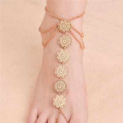 China New Fashion Avant-garde Decoration Hiphop Foot Simple Metal Texture Cut Out Disc Beach Tassel Anklet Chain for sale